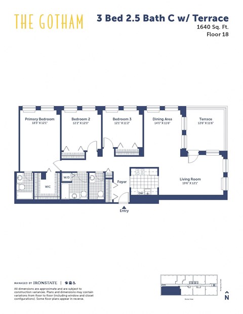 Floor plan for 3 beds, 2.5 baths, 1640 sqft